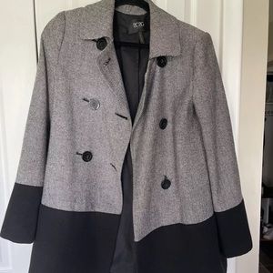 BCBG Womens Double Breasted Pea Coat - Black and Herringbone - Small